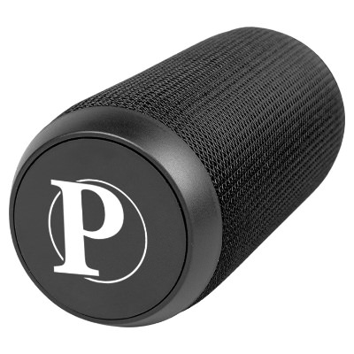 Black plastic speaker with a custom logo.