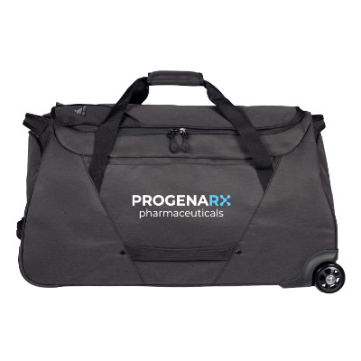 28-inch graphite RPET wheeled duffel bag with custom full color logo.