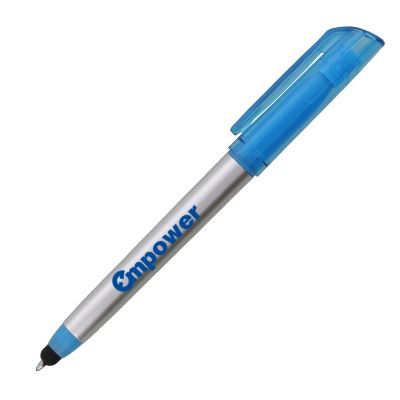 Blue plastic highlighter with a personalized imprint.