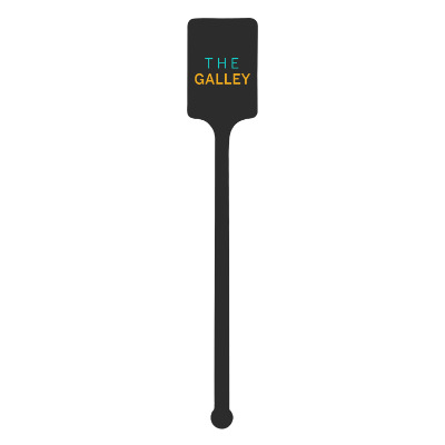 Black plastic stir stick with a custom imprint.