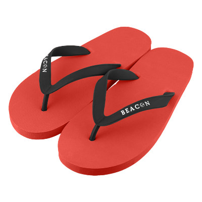 Red flip flops with black straps and custom logo.