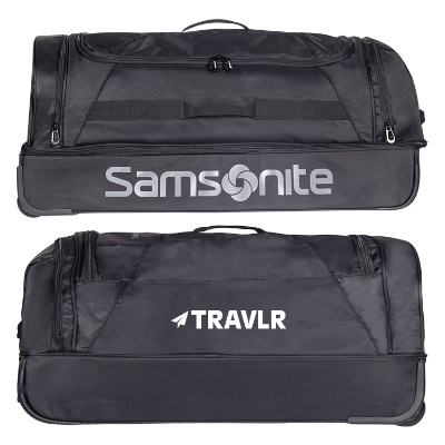 Large black wheeled duffel with custom logo.