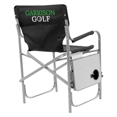 Black polyester chair with a personalized logo.