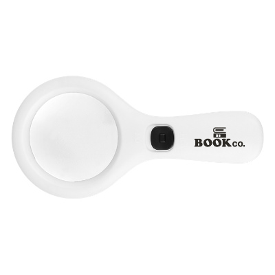 White plastic magnifier with a custom logo.