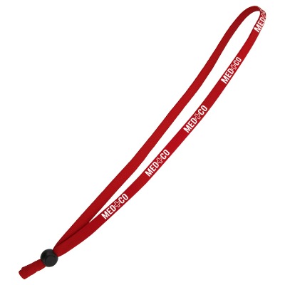 Red nylon elastic eyewear retainer with promotional imprint.