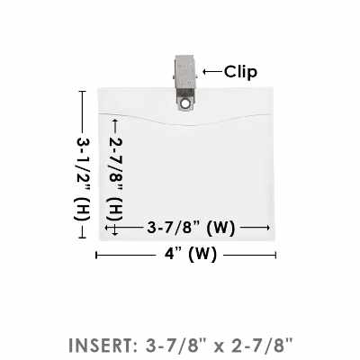 4 inch by 3.5 inch clear horizontal badge pouch with silver bulldog clip.