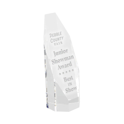 Crystal award with custom laser engraved imprint.