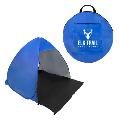 Royal blue polyester tent with custom logo.