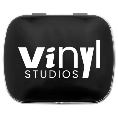 Branded black micromints domed tin.