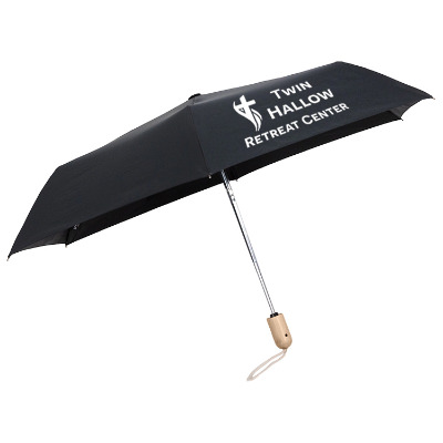 Black shed rain auto open-close bamboo compact umbrella with custom imprint.