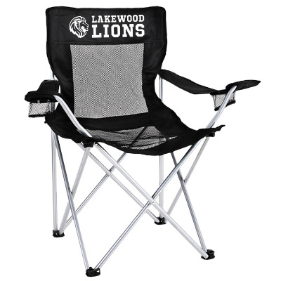 Branded black mesh back and bottom folding chair with branded carrying bag.