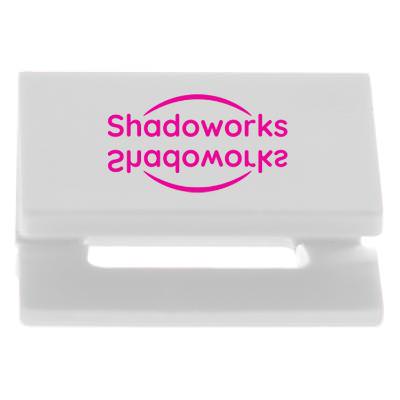 Plastic white privacy cover with a personalized logo.