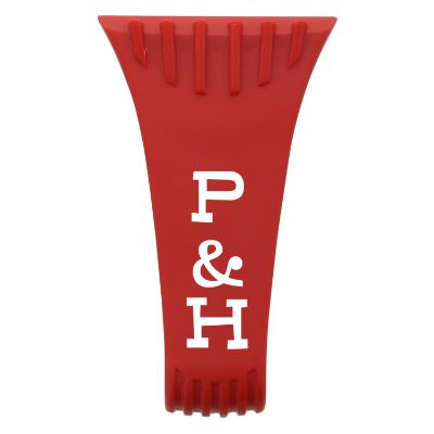 Translucent purple ice scraper with visor clip with custom promotional logo.