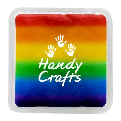 Plastic rainbow hot and cold pack with a branded logo.