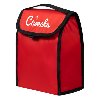 Red nylon cooler with a personalized imprint.