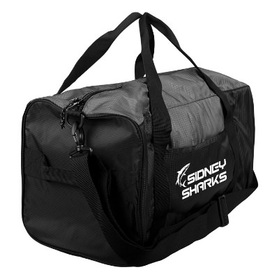 Gray gym bag with black accents and custom white imprint.