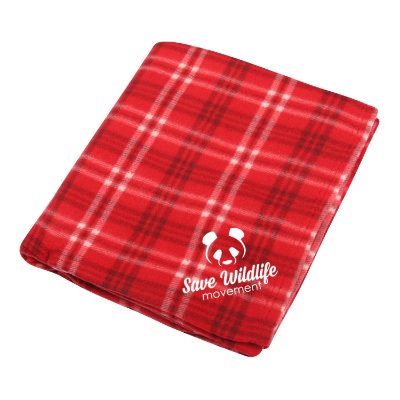 Red and white plaid fleece blanket with custom design.