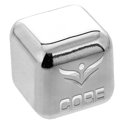 Stainless ice cube with custom logo.