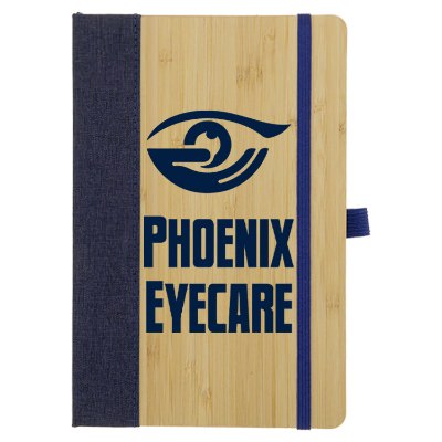 Bamboo notebook with navy accents including your custom design.