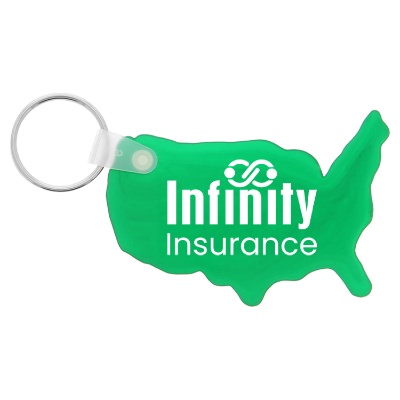 Key fob in the shape of the united states of america with custom one-color imprint.
