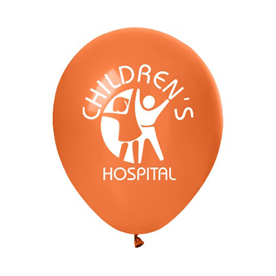 Orange latex balloon with a custom imprint.