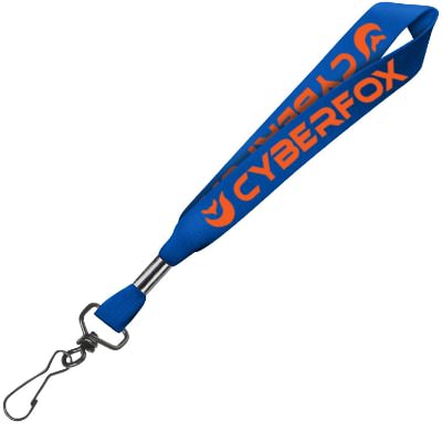 3/4 inch royal blue satin polyester wrist lanyard with custom imprint and black j-hook.