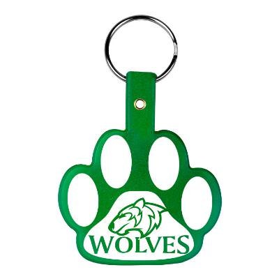 Poly vinyl chloride paw print flexible keychain with custom imprint.