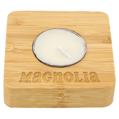 Natural bamboo candle with a customized imprint.