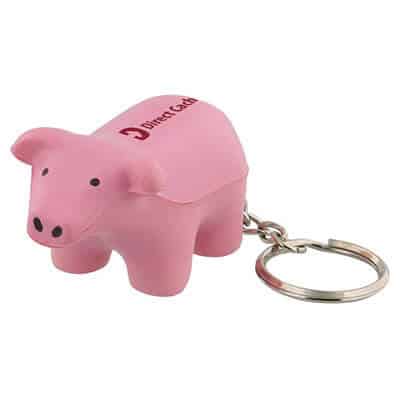 Foam pig stress ball key rings printed with a promotional imprint.