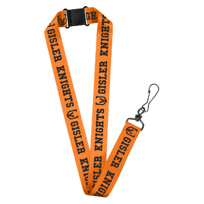 1 inch bright orange satin polyester custom lanyard with breakaway and black j-hook.