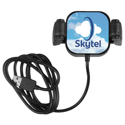 Black car phone charging dock with full color printed logo.