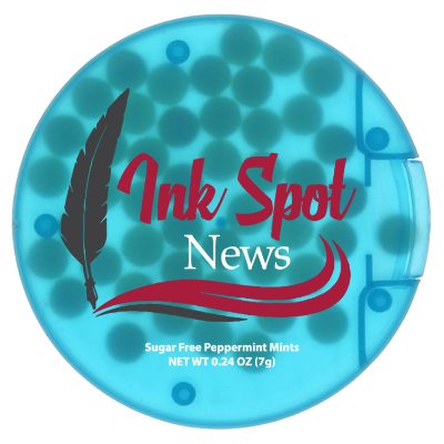 Branded full color translucent teal round credit card mints.