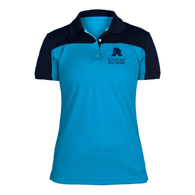 Customized blue with navy colorblock ladies' performance polo