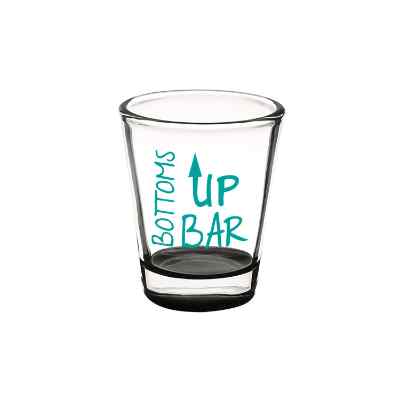 Glass red bottom shot glass with branding in 1.75 ounces.