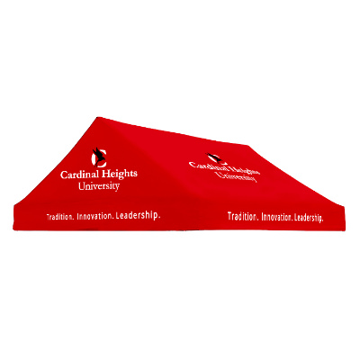 Red 10-ft. gable tent canopy with custom imprint.