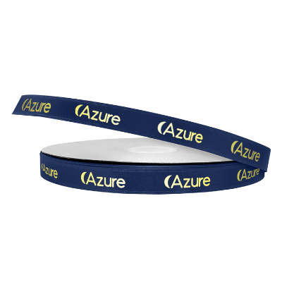 Blue satin ribbon with a custom logo.