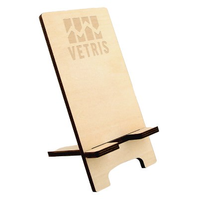 Wooden phone stand with laser engraved logo.