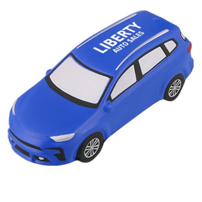 Blue foam stress ball with a personalized imprint.