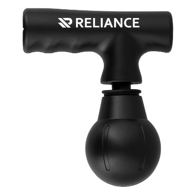 Black plastic massage gun with a custom logo.