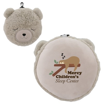 Brown plush sleep mask with a personalized logo