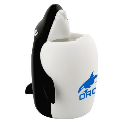 Black and white orca shaped plastic pen container with custom one color logo.