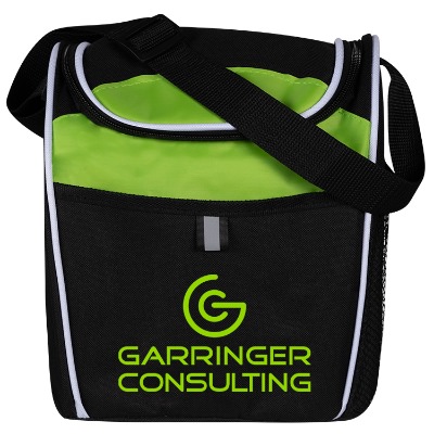 Lime green polyester lunch cooler bag with custom imprint.