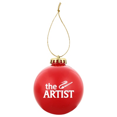 Red plastic ornament with a branded logo