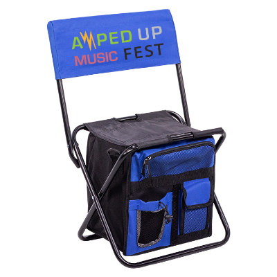 Blue polyester chair with a custom logo.