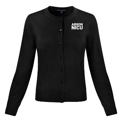 Black cardigan with custom imprint.