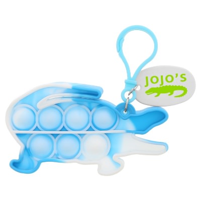 Silicone alligator shaped fidget keychain with one color personalized imprint.