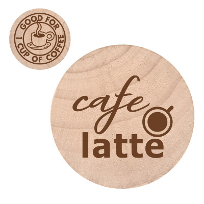 Natural wooden nickel with a custom logo.