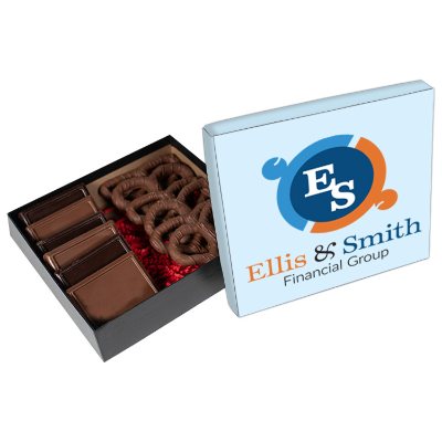 White 6 piece full color cookie and confection gift box with pretzels customized.