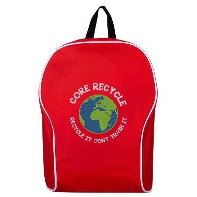 Red backpack with embroidered logo.