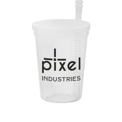 Plastic blue stadium cup with lid and straw and custom logo in 12 ounces.